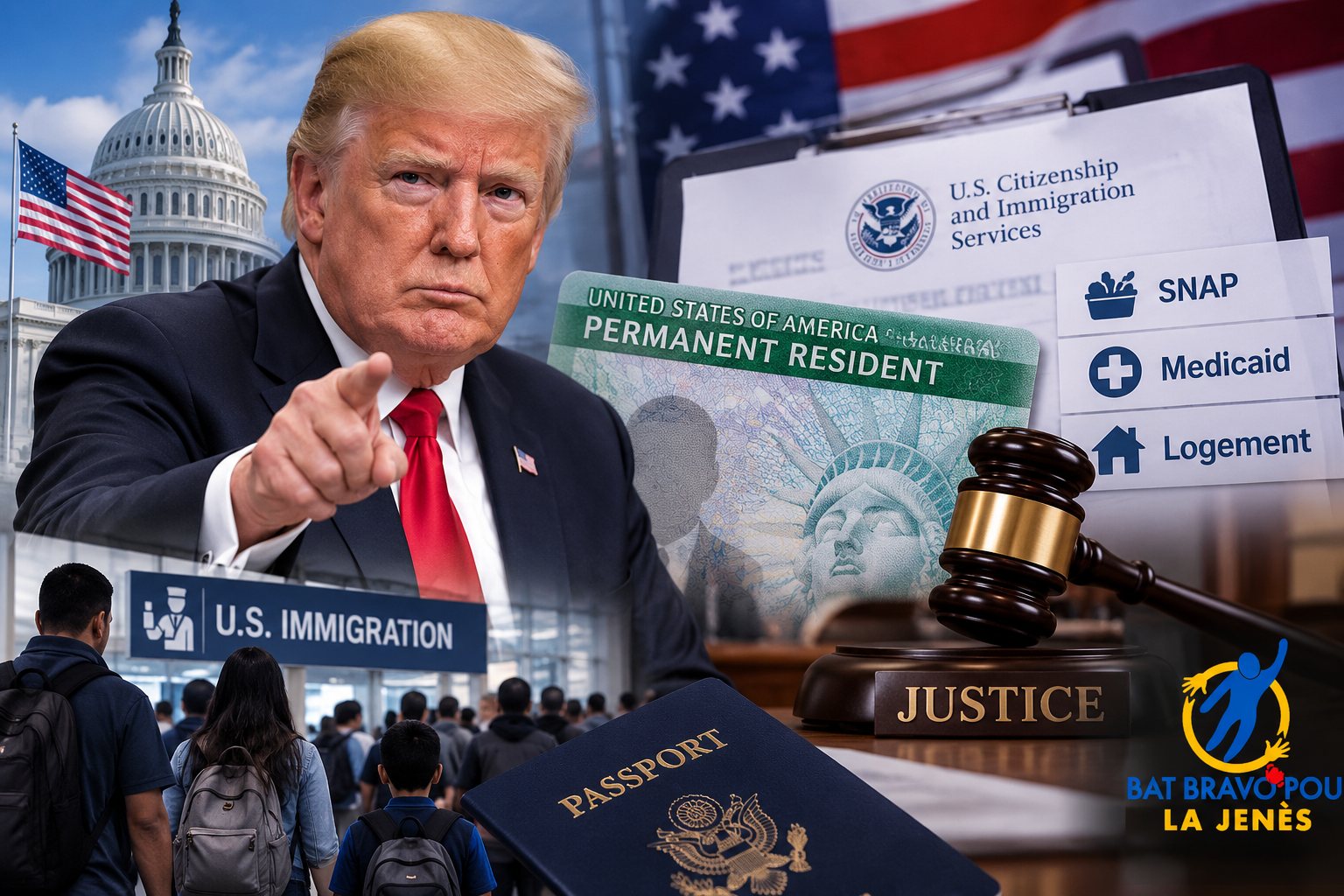 Illustration sur la contestation judiciaire de la nouvelle politique américaine de « charge publique », avec Donald Trump, une green card et des symboles de justice.